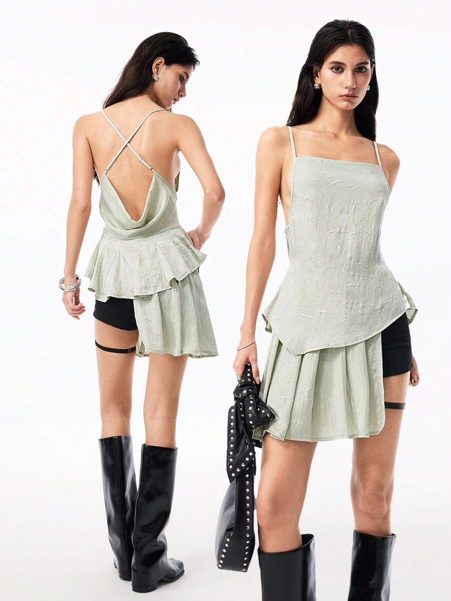 LYSMO Woman's Light Green Asymmetrical Strap Backless Top And Pleated Skirt Two Pieces Set - New Arrival Spring/Summer 2025 - Green - View 1