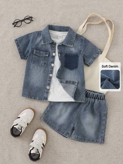 SHEIN 男童休闲牛仔短袖衬衫和短裤套装，夏季