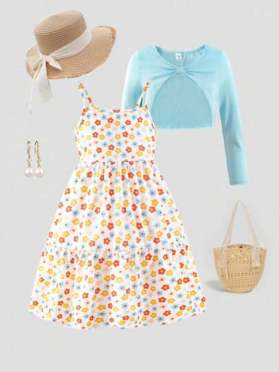 Girls Bowknot Hoodie & Colorful Poppy Print Long Dress Set, 2-Piece, Vacation Style