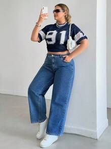 EURMUSE High Waist Elastic Belt Wideleg Jean Wide Leg Jeans Loose Jeans Oversized Jeans Flared Jeans Summer Jeans - Medium Wash - View 3