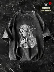 GENIUS ODE Men's Loose Fit Round Neck Short Sleeve T-Shirt With Virgin Mary Rhinestone Print, Summer - Black - View 1