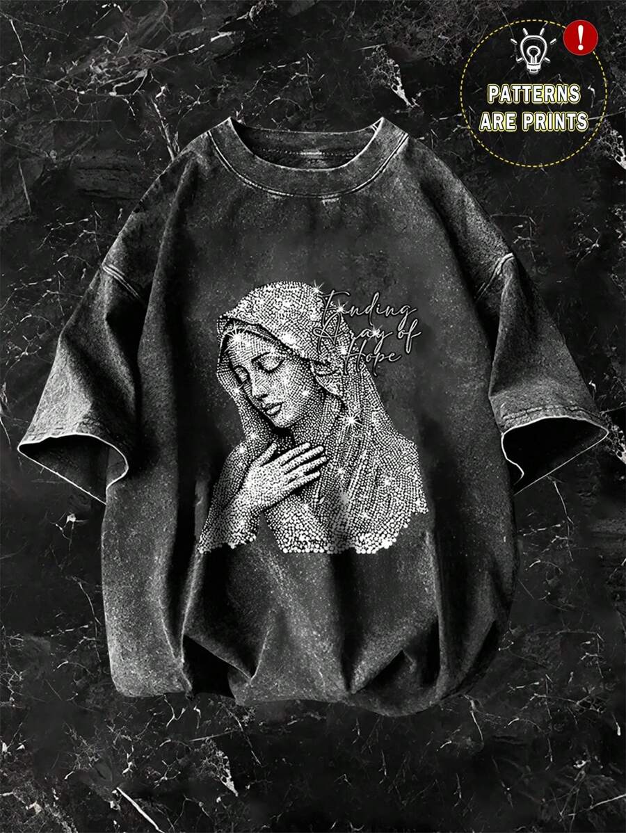 GENIUS ODE Men's Loose Fit Round Neck Short Sleeve T-Shirt With Virgin Mary Rhinestone Print, Summer - Black - View 1