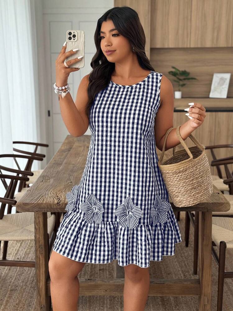 Weeklong Plus Size Women Casual Plaid & 3D Floral Decor Sleeveless Dress - Navy Blue - View 5