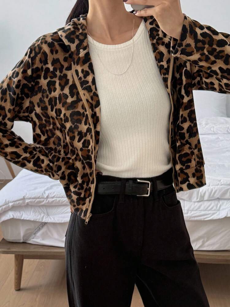 Women Leopard Print Hoodie Sweatshirt, Loose Street Style Casual Sweatshirt Jacket Zip Up