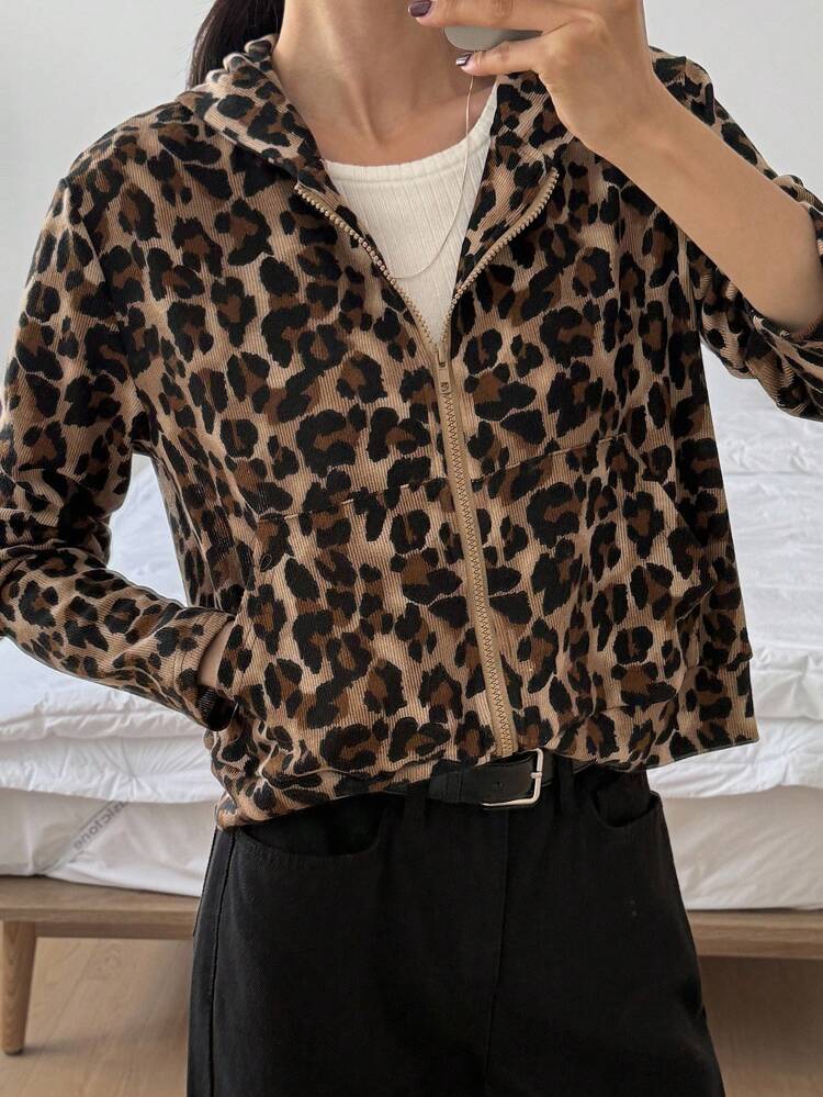 Women Leopard Print Hoodie Sweatshirt, Loose Street Style Casual Sweatshirt Jacket Zip Up