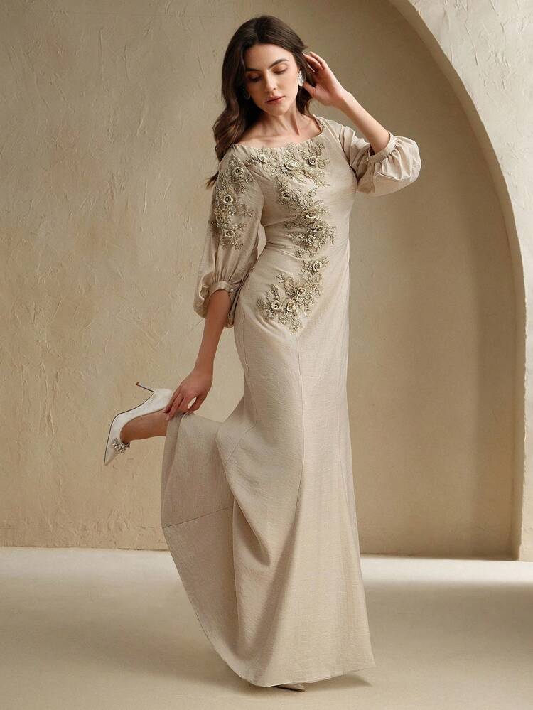 Women's Elegant Shoulder-Revealing Embroidered Floral Applique Lantern Sleeve Linen Dress, Suitable For Spring, Summer, Valentine's Day, Party, Wedding Guest