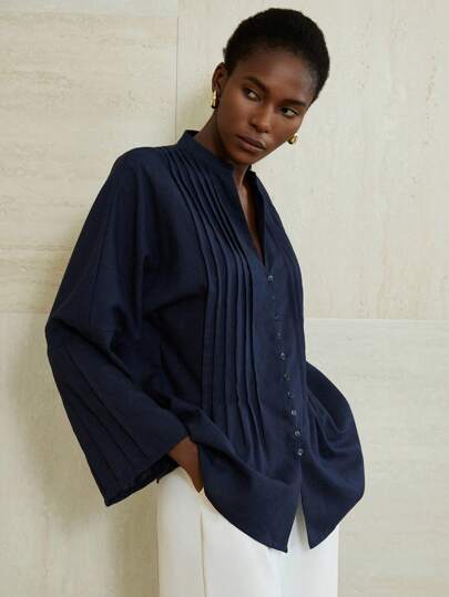 Aveloria Modichic Elegantes Langarmhemd mit Zugbanddekor an der Vorderseite und den Manschetten