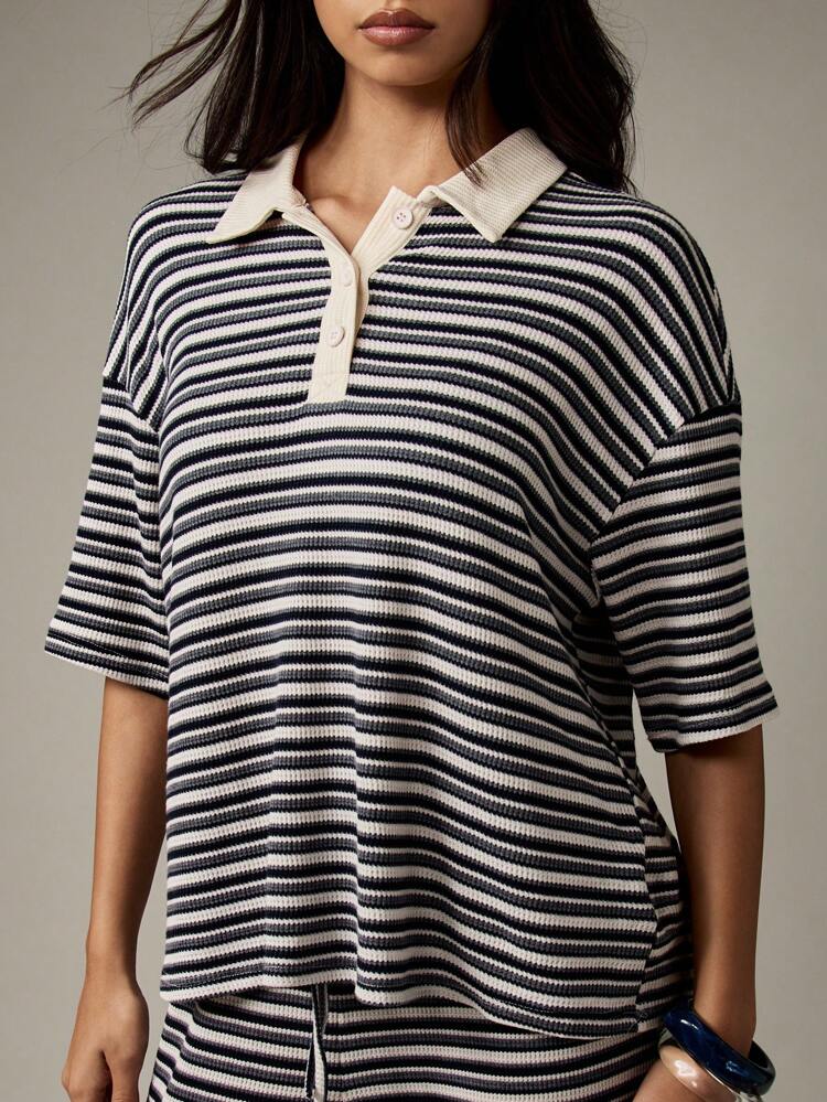 MISSGUIDED Leisure Striped Rugby Polo Top And Wide Leg Pants Loungewear Set Fall Winter Ribbed Matching Cozy Outfit Autumn Casual Streetwear Coordinate