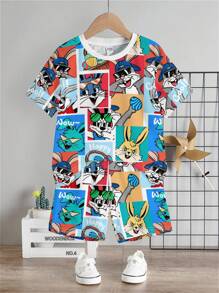 SHEIN 2 件套男童休闲卡通图案圆领短袖 T 恤和短裤套装，适合夏季 - 彩色 - 查看 3