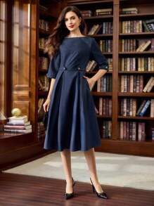 Vintamour 复古经典优雅女装秋冬修身船领连衣裙七分袖连衣裙海军蓝连衣裙金属纽扣口袋连衣裙 - 藏蓝色 - 查看 4