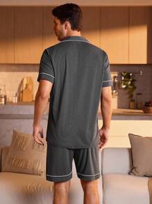 Manfinity Underwear&Sleepwear Basics 男士拼接滾邊家居服套裝 - 深灰色 - 查看 2