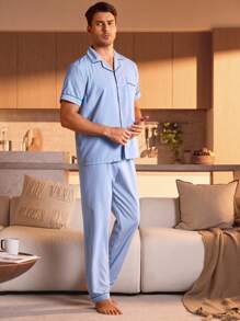 Manfinity Underwear&Sleepwear Basics Heren Blauw Korte mouwen En Lang Broeken Huiskleding Sets