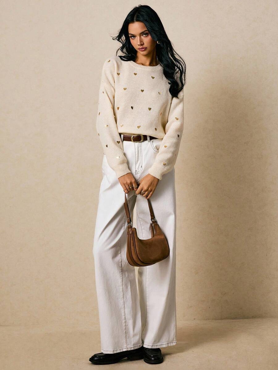 Poéselle Women's Heart Pattern Crew Neck Casual Versatile Long Sleeve Pullover Sweater, Women Sweaters, Heart Sweater, Gold Heart Sweater In Fall/Winter - Apricot - View 1