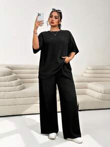 Solflare Plus Size Women Summer Solid Color Round Neck Drop Shoulder Blouse And Wide Leg Pants Casual 2 Pieces Set,Business Casual Woman,Back To School - Black - View 3