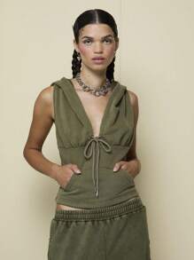 COUREZ 无袖连帽衫上衣 / Y2K 度假穿搭 女装 夏季外出穿搭 可爱 - 綠色 - 查看 3