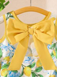 SHEIN Explorewe Young Girl Cute Floral 3D Decor Sleeveless Dress, Girls Tailored 3D Cut Design Fit For Summer Casual, Garden, School Wear Girls Lemon Dress Little Girls Lemon Dress Yellow Girls Dress Girls Bow Dress Lemon Print Dress Girls Girls Lemon Print Dress Yellow Lemon Print Dress - Yellow - View 4