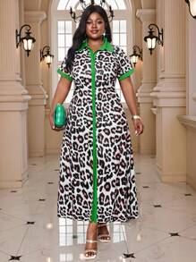 Fleurora Plus Size Leopard Print Long Dress,Summer,Elegant,Wedding Ninang,Black And White Button Up Shirt Dress,Women Short Sleeve V-Neck Loose Boho Midi Dress - Multicolor - View 5