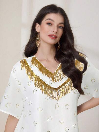 Al Najma Women V-Neck Sequin All-Over Print Short Sleeve Dress Kaftan Jalabiya Dress