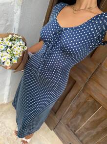 Sunnyshic 女士波尔卡圆点印花系带短袖修身连衣裙 - 藏蓝色 - 查看 4