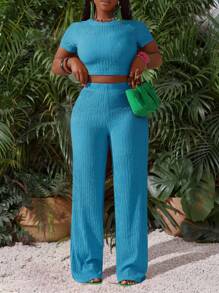 Slaydiva New Casual Basic Sports Style Spring And Summer Round Neck Short-Sleeved Truncated T-Shirt + Wide-Leg Super Long Pants Rose Red Striped Texture Knitted Fabric Women's Two Pieces Set-I