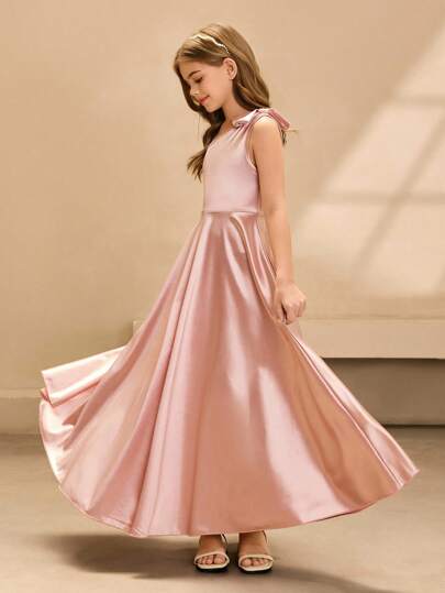 Girls' Elegant Fashion Asymmetrical Neck Sleeveless High Waist Long Dress With Oversized Bow, Satin Fabric, High-End Pink Ladylike Party Prom Graduation Dress