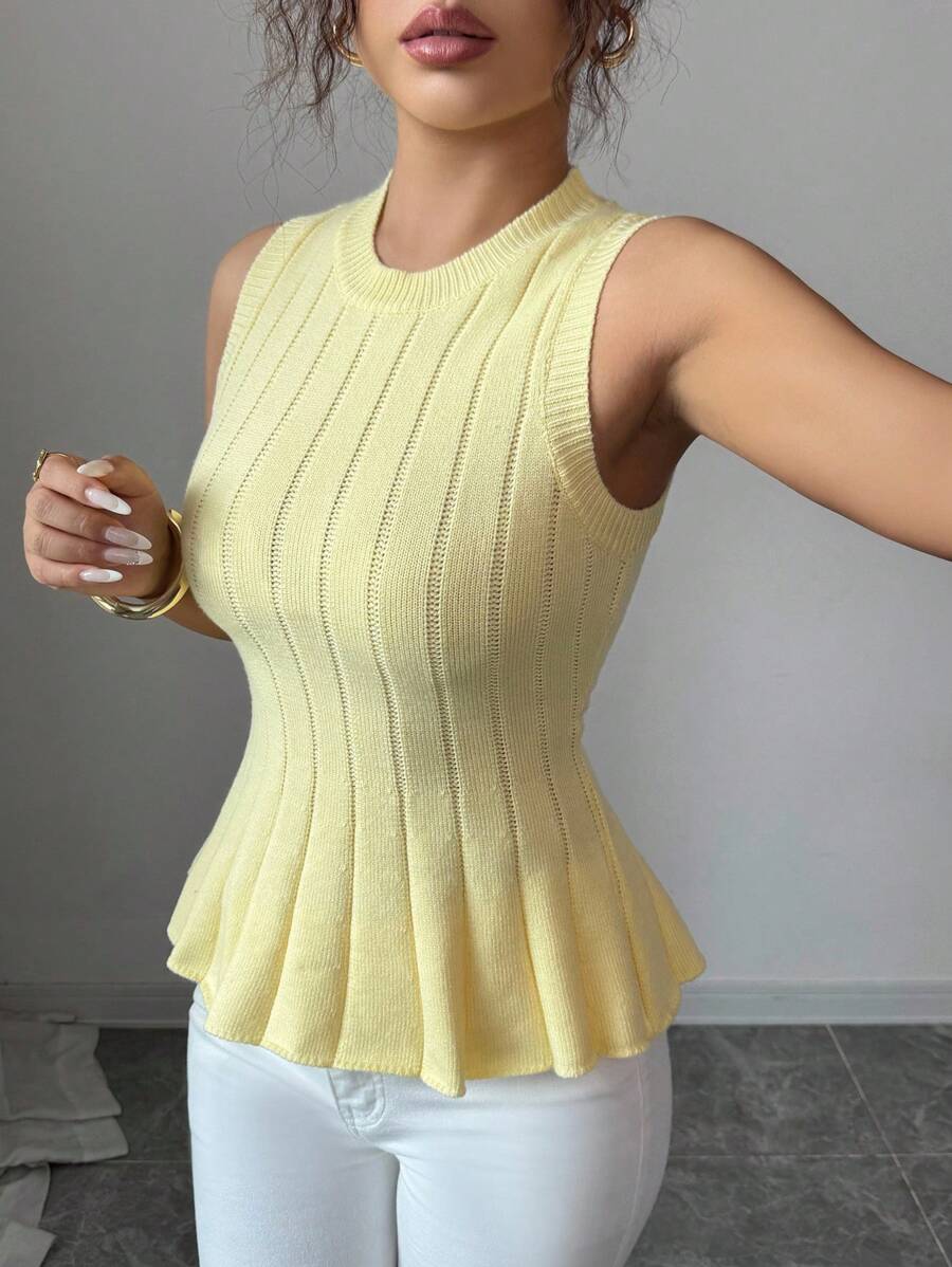 Elenzga 女式优雅无袖圆领荷叶边下摆针织上衣，淡黄色，适合春、夏、秋季节、度假和节日针织套头衫秋冬 - Butter Yellow - 查看 1