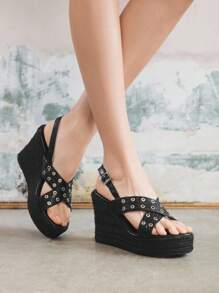 Sugerpunk Giày sandal đế xuồng đế dày cho nữ, mũi tròn, đế dây thừng dệt màu đen, quai chéo hở mũi mùa hè, dép sandal đinh tán thời trang đi nghỉ - màu đen - Xem 1