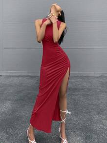 SHEIN Unity Vestido maxi con detalle fruncido y abertura lateral para mujeres, ropa para Año Nuevo - Rosa Roja - Ver 3