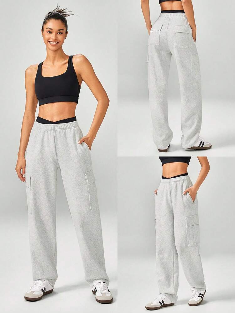 30'' Everyday Fleece Wide Leg Adjustable Drawstring Waist Cargo Joggers Pants Daily Casual Fall Winter