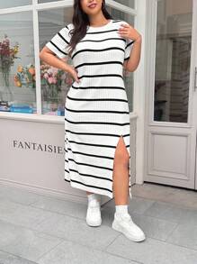 Solflare Plus Size Black & White Striped Split Sleeve Casual Dress,Sun Dresses For Women