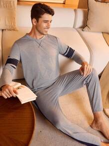 SHEIN Provexi Men Striped Print PJ Set / Pajama Set, Fall Winter Clothes - Light Grey - View 1