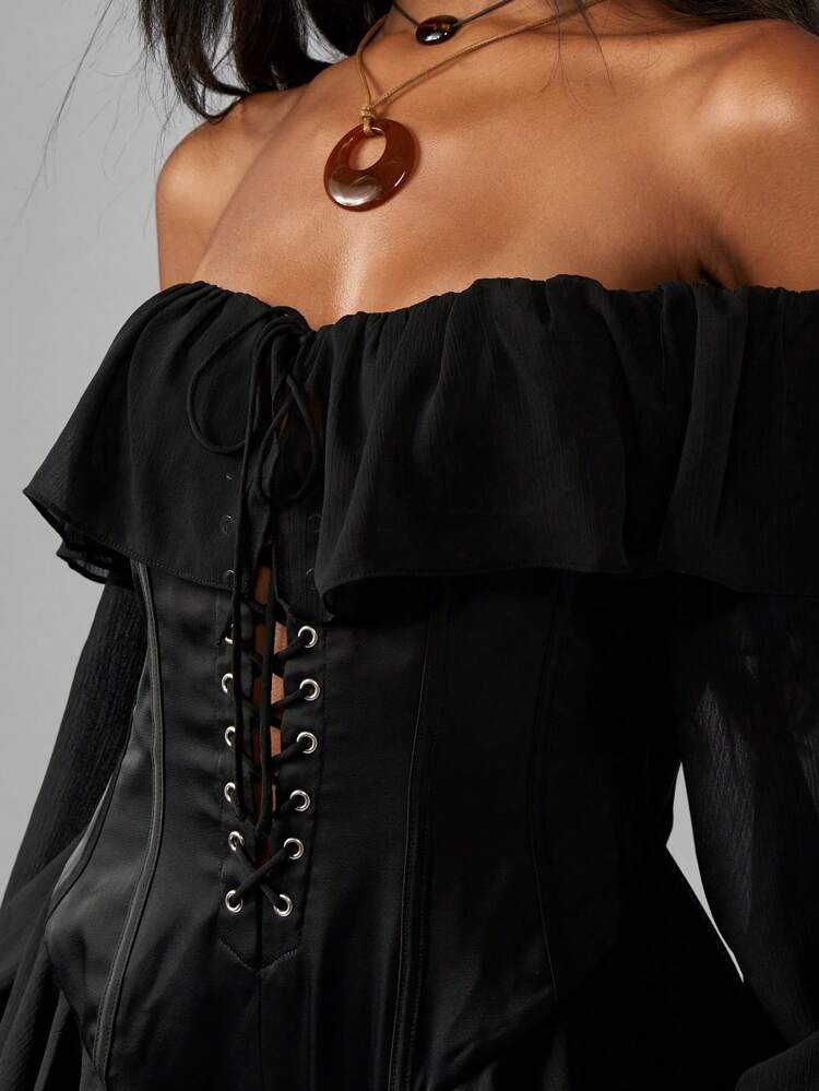 MISSGUIDED オフショルダー ミルクメイド ボディースーツ コルセット調 長袖ベルスリーブ フリル付き フェスティバル ルネサンス コスチューム ゴシック フォーマルオケージョン アウトフィット 秋冬