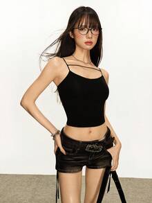 INAWLY 女士休闲无袖修身纯色吊带背心 - 黑色 - 查看 4