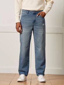 Manfinity CityGents 男士浅蓝色休闲直筒牛仔裤 - 淺色水洗藍 - 查看 4