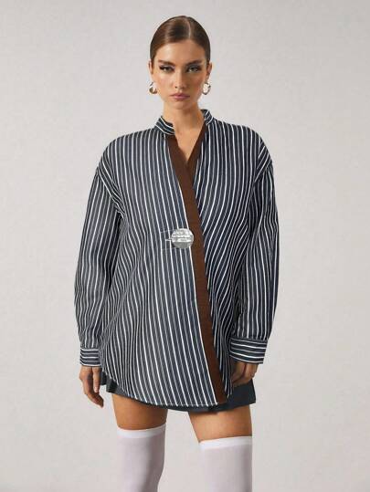 Athîral 女式蓝色条纹撞色棕色金属袖口斜襟长袖衬衫