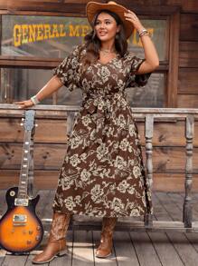 EMERY ROSE 大码女式夏季假日 V 领短袖束腰刺绣连衣裙（配腰带）、秋季女装、夏季假日、女士度假装、简约时尚的日常穿着、度假氛围、春假、春假休闲装、西部女装、乡村音乐会装 - 棕色 - 查看 6