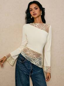 Poéselle 女装，女士衬衫，女士秋装夏季修身不对称蕾丝长袖 T 恤，下摆拼接和飘逸设计，服装上衣，四季必备，舒适的高弹面料 - 黃色 - 查看 7