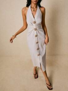 Poéselle Women's Elegant Beige Summer Halter Ruched Midi Dress,Linen-Blend Backless Front Slit Sundress With Metal Shaped Buttons,Vacation Holiday Outfit - Khaki - View 4