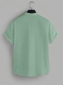 VIVINTIMO 男士休闲纯色短袖衬衫，夏季 - 綠色 - 查看 2