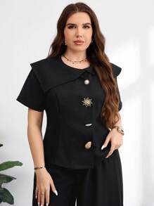 Modelyn 大码女式优雅金属装饰时尚短袖西装外套 - 黑色 - 查看 4