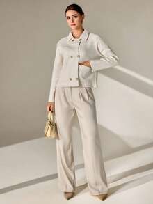CLARA VERO Women Knit Cardigan Jacket With Gold Button And Polo Neck Elegant,Cardigans,Long Cardigans Woman,Petite,Tall - Beige - View 4