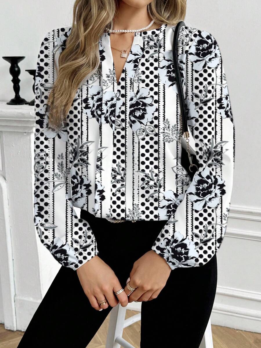 Shutterstock Glamance Camisa de manga larga con estampado floral minimalista y casual para mujer, adecuada para primavera y otoño. Blusa elegante con estampado de pájaros, blusa con estampado floral, blusa de manga larga para mujer, blusa de moda para mujer en otoño. Ropa de mujer para otoño e invierno, ropa de vuelta al colegio y al trabajo. - Negro - Ver 1