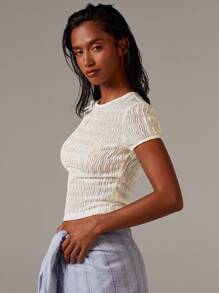 Athîral 女式夏季纯色圆领短袖短款修身T恤 - 白色 - 查看 5