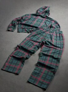 Manfinity EMRG Men's Plaid Hooded Sweatshirt And Sweatpants Set , Men Two Pieces Set , Men Sweatsuit Set , Plaid Sweatsuit , California Sweatsuit