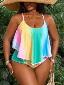 Slaydiva Plus Size Fashion Tie-Dye Colorful Pom-Pom Decor Tankini Two Pieces Swimsuit For Summer Beach Vacation