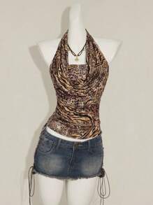 SHEIN ICON 2pcs Women Boho Brown Draped Country Concert Zebra And Leopard Print Bandeau Top And Strapless Camisole Set - Multicolor - View 3