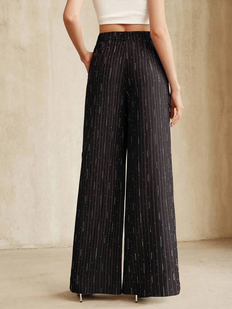 Women's Autumn/Winter New Arrival, Halloween & Christmas, Luxury Urban Chic High-Waisted Wide Leg Pants With Embellished Vertical Stripes, Elegant & Sophisticated For Party & Evening Wear