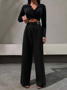 SHEIN Elegant Style, Half Faux Leather Belt Detailed Straight Fit Pant