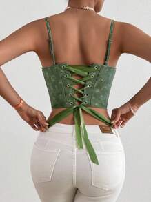 Zolique 夏季假日花卉印花蕾丝紧身胸衣鱼骨结构修身吊带背心图案 T 恤女式上衣 - 綠色 - 查看 2