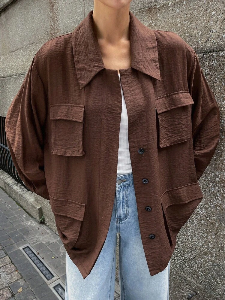 Women's Retro Coin Decor Long Collared Loose Casual Shirt With Large Pockets Brown Shirt Women Brown Blouses Brown Button Down Shirt Brown Top Chocolate Brown Top,Fall Women Clothes Long Sleeve Top